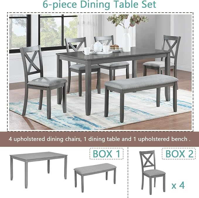 6-Piece Dining Table Set with Bench and Chairs - Solid Wood Kitchen Dining Room Table Set in Farmhouse Rustic Style, Table Set for 6 with 4 Chairs and Bench Seat.(Gray_Large) - Image 8