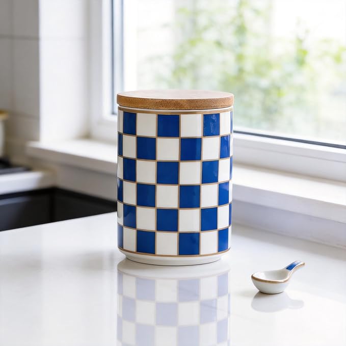 Kitchen Countertop Ceramic Checkered Canisters,Black And White Food Storage Containers With Lid,Airtight Kitchen Canisters for Flour, Sugar, Coffee, Tea, and Dry Goods (Blue, Small) - Image 5