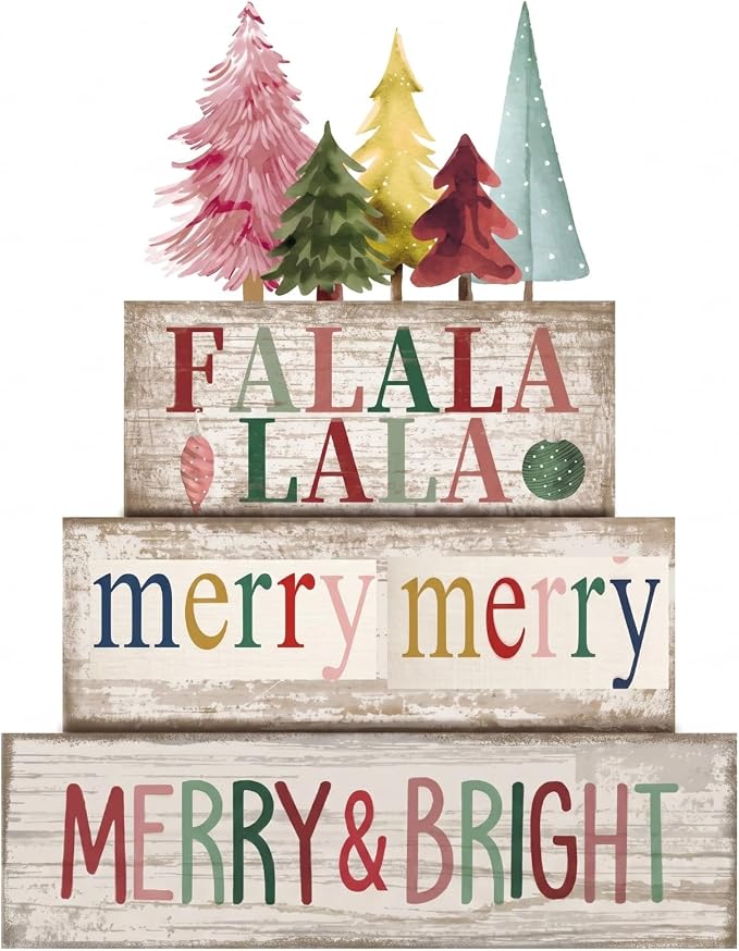 Moucuny 4 Pcs Christmas Table Decorations Wooden Christmas Tree Decor – “FA La La Merry & Bright” Wooden Sign Rustic Singing Themed Winter Centerpiece Cozy Xmas Gifts for Home Office Shelf by Moucuny