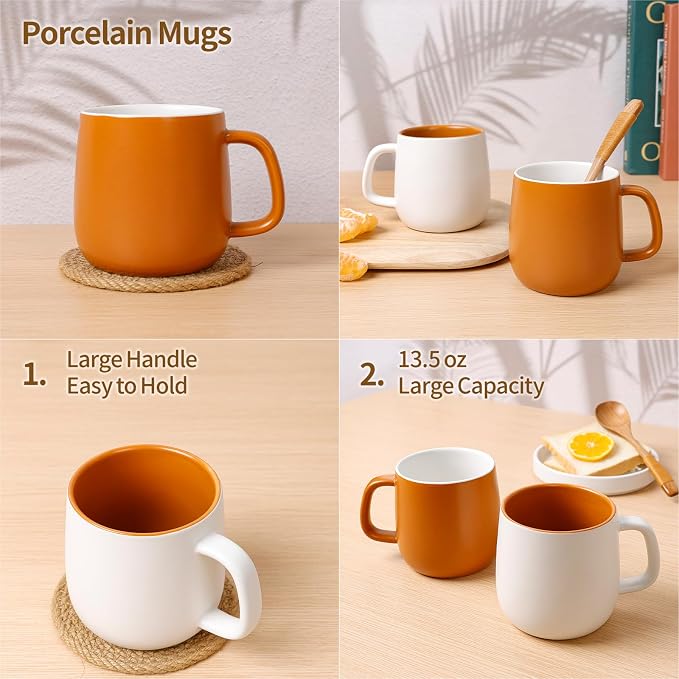 Ceramic Mug Set Porcelain Coffee Cups Set, Special Glaze Tea Cups Mug with Handle for Tea Latte Coffee Milk, Microwave Dishwasher Safe (White and Maple Brown) - Image 6