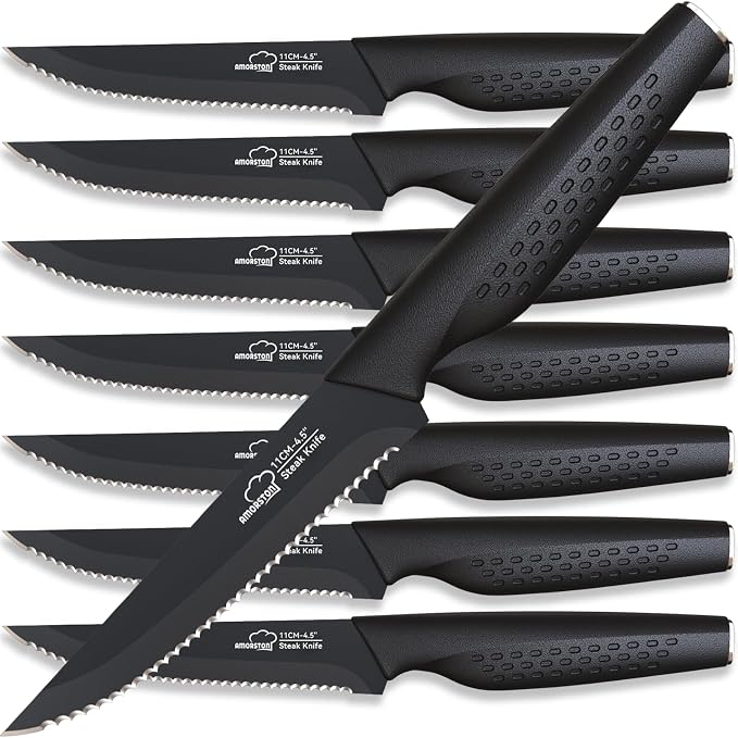 Amorston Steak Knives, Steak Knives Set of 8, Stainless Steel Steak Knife Set, Serrated Knives Dishwasher Safe, Elegant Black Mothers Day Gifts for Women by Amorston