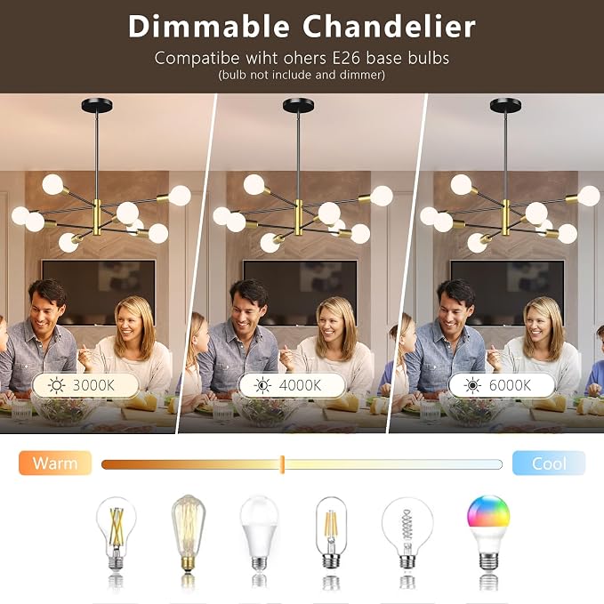 Modern Sputnik Chandelier, Ceiling Light Fixture Flush Mount 8-Light Black and Gold Chandeliers for Living Room Bedroom Dining Room Kitchen, Mid Century Chandeliers, E26 Base,(Bulbs Not Included) - Image 4