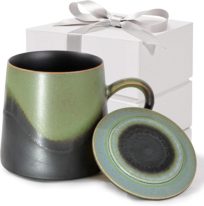 Handmade Ceramic Coffee Mugs, 11.2 OZ Colored Glaze Coffee Cups with Lids, Birthday Gift for Women, Mom, Dad, Friend, Sister, Brother, Dishwasher and Microwave Cups