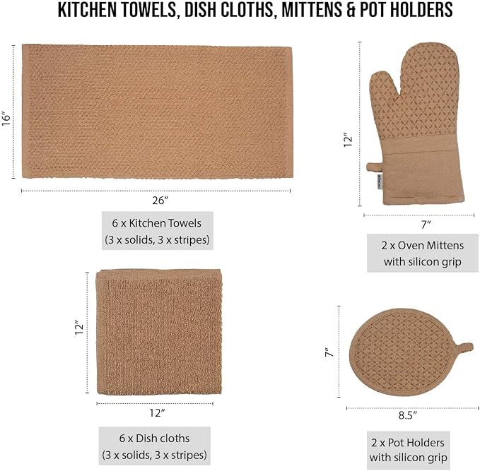 LANE LINEN 16 Piece Kitchen Dish Cloths Set - 100% Cotton Dish Towels, Heat Resistant Kitchen Mittens and Pot Holder Set, Reusable Dish Rags for Washing Dishes, Dish Towels for Kitchen Drying - Beige - Image 2