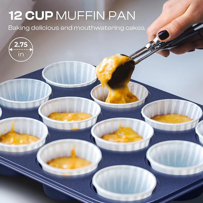 12-Piece Ceramic Coated Nonstick Baking Set, Oven Safe Bakeware - Blue | Bakeware Set Including Cake Pan, Muffin Tray, Loaf Pan, Square Pan, Roaster, Cookie Sheet, Cooling Rack and Baking Utensils - Image 4