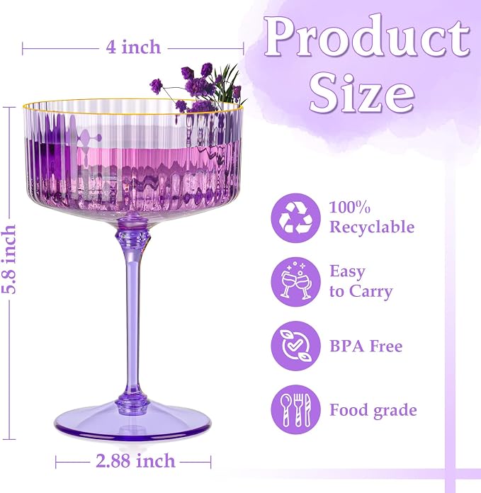 12 PCS Ribbed Coupe Glasses Purple Plastic Champagne Coupe Cup 10oz Detachable Gold Rim Espresso Martini Glass Vintage Margarita Glassware Cocktail Glass Disposable for Halloween Bridal Showers - Image 5