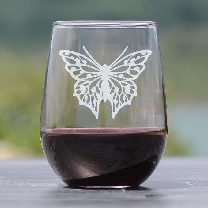 Engraved Butterfly Stemless Wine Glass, 17oz Hand Etched Tumbler, Nature Lover for Her, Unique Glassware - Image 2