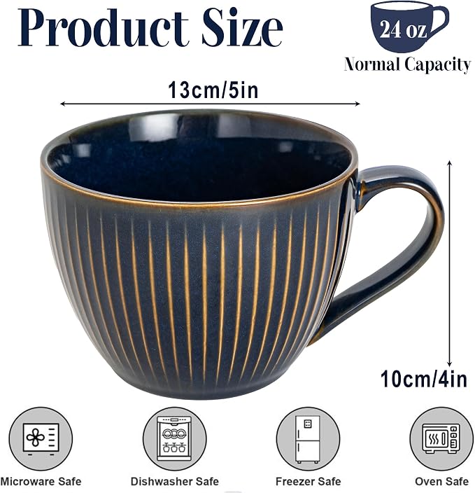 Ceramic Coffee Mugs with Handles, 24 oz Coffee Cups, Vertical Stripe Blue | Large Soup Bowl for Hot Chocolate, Cappuccino, Ramen, Oatmeal, Soup Mugs with Handles, Microwave & Dishwasher Safe - Image 4