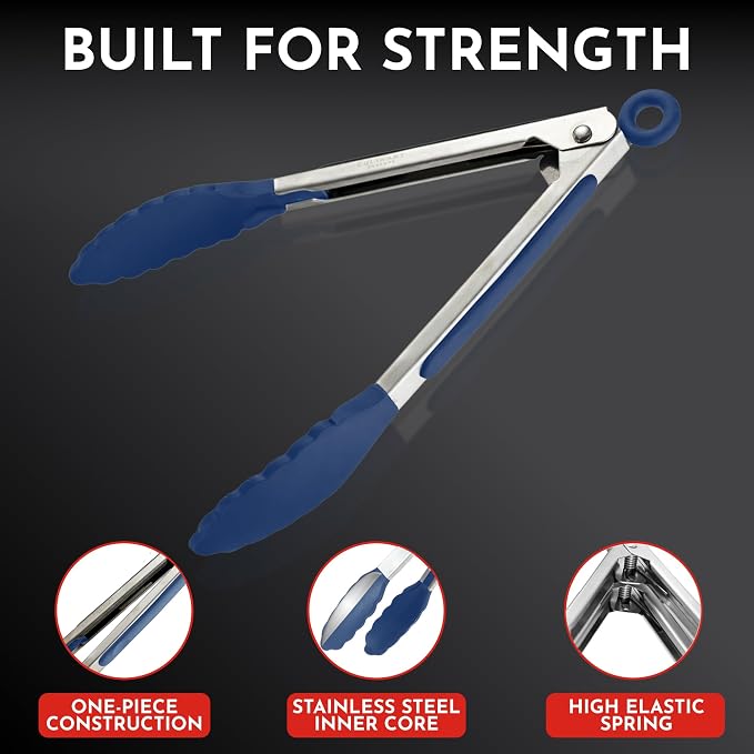 Kitchen Tongs - 12, 9 & 7 Inch Locking Silicone Tongs for Cooking, Set of 3 | Blue Tongs with Silicone Tips, Heat Resistant Tongs for Grilling, Serving, Mixing - Image 4