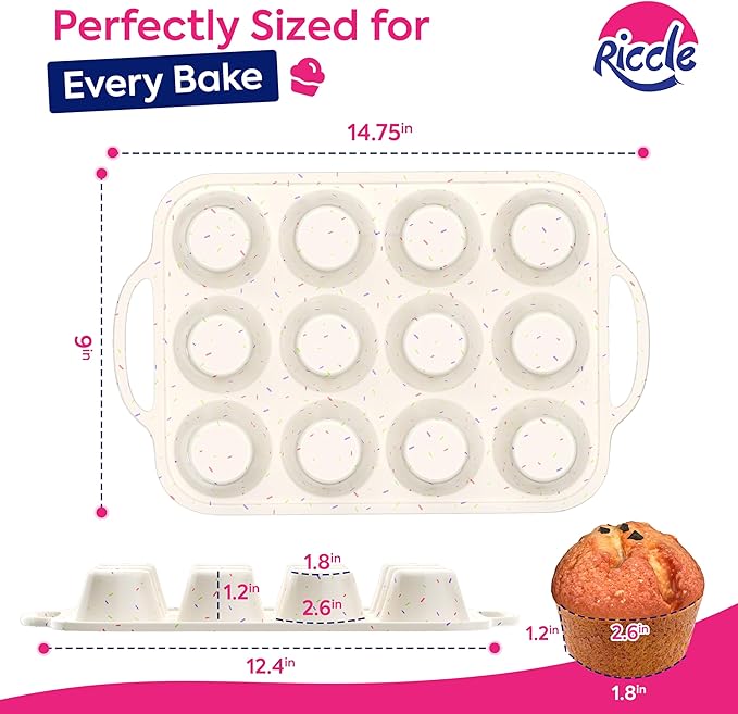 RICCLE 2 Pack Silicone Muffin Pan with Metal Reinforced Frame, 12-Cup Cupcake Pan, Silicone Muffin Tray Cupcake Baking Pan Molds, Molds for baking, Oven & Dishwasher Safe, BPA-Free