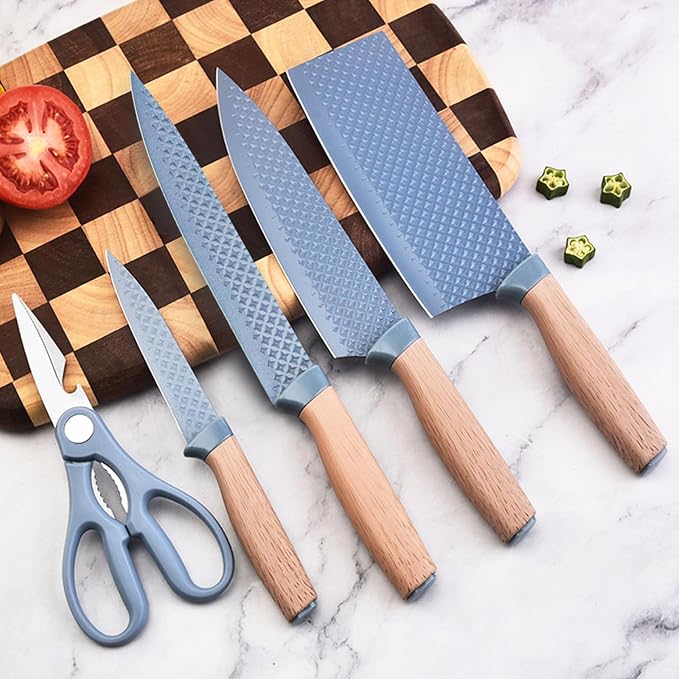 Kitchen Knife Set, Retrosohoo 6-Pieces Blue Sharp Knife Set for Kitchen, Non-stick Non-slip Stainless Steel Chef Knife Set with Universal Knife Block Suitable for Home Restaurant (Dusty Blue) - Image 2