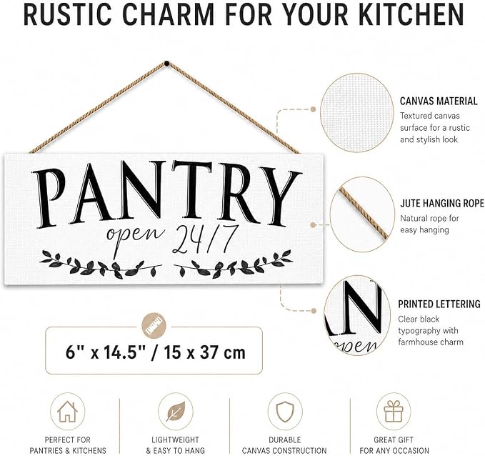 1 KINGO Rustic Pantry Signs Wall Decor: Farmhouse Kitchen Wall Art 6" x 14.5" Canvas Print Decorative Plaque Wall Hanging Open 24/7 Sign for Pantry Dining Room Home Decor - Image 3