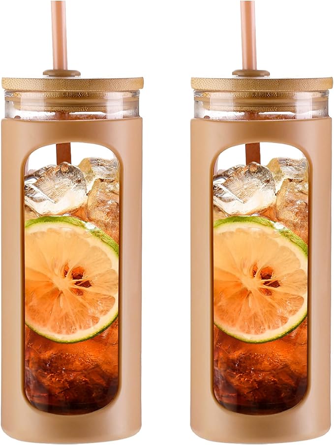 Kodrine 20oz Glass Tumbler with Straw and Lid, Bamboo Lids Water Bottle, Reusable Iced Coffee Cups, Wide Mouth Smoothie Cup with Protective Silicone Sleeve BPA FREE-Amber-2pack