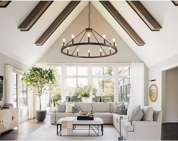 37.5" Black Farmhouse Chandelier,12-Light Large Wagon Wheel Chandelier,Round Dining Room Light Fixtures Over Table,Foyer Chandeliers for High Ceilings,for Kitchen Island,Living Room,Bedroom,Entryway - Image 2