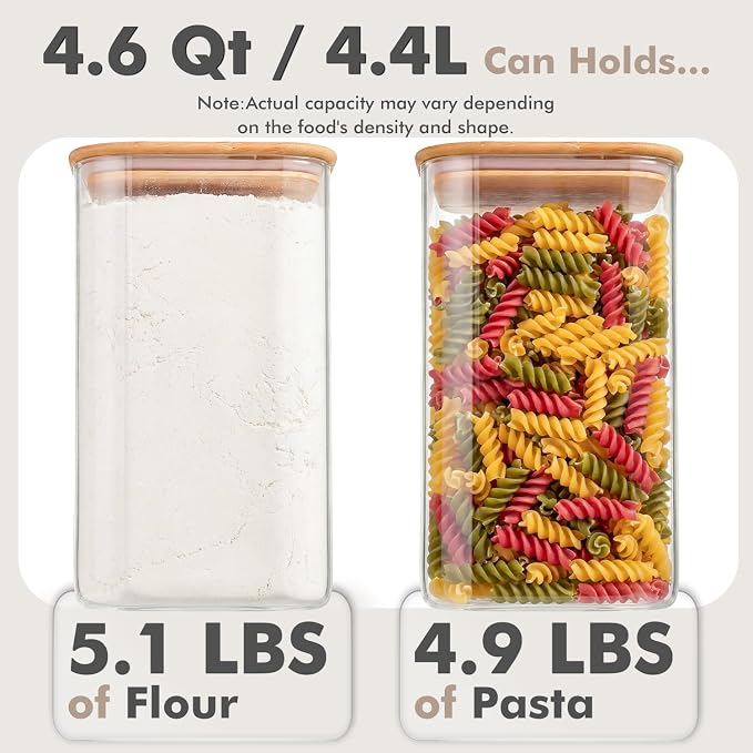 2-Pack 4.6Qt Large Glass Flour Sugar Storage Containers with Lids | Wide Mouth Design, With Measuring Cups, Minimalist Kitchen Organizer,Scandinavian Style Storage,Nordic Style Storage - Image 3