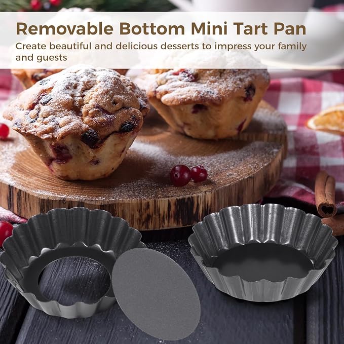 16 PCS Mini Removable Bottom Tart Pans, 3 in Flower Shape Carbon Steel Cake Molds, Nonstick Fluted Mini Pie Pans for Tarts, Pudding, Brownies, Mini Quiche, Baking Cups with Lift Out Base - Image 5