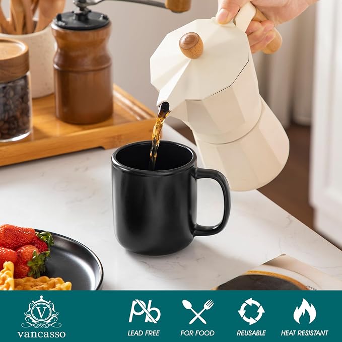 vancasso Stoneware Coffee Mugs Set, 12 oz Ceramic Coffee Cups for Latte Hot Tea Cappuccino Cocoa Milk Cups Set of 6, Dishwasher & Microwave Safe, Matte Black - Image 4