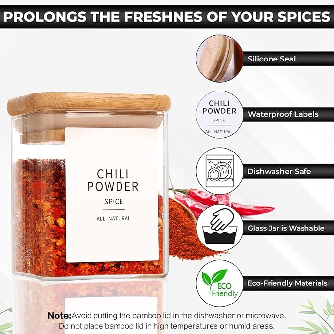 HHMJSM 12 Pcs Square Glass Spice Jars with Natural Bamboo Lids - 5oz Airtight Herb Containers with 148 Waterproof Minimalist Spice Labels Preprinted - Empty Small Seasoning Jars for Kitchen Pantry - Image 5