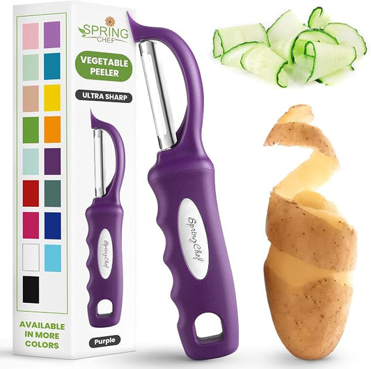 Spring Chef Swivel Potato Peeler with Ergonomic Handle, Purple | Premium Vegetable Peeler w/ Sharp Stainless Steel Blades, Multifunctional Food Peeler for Apple, Carrot, Cucumber, Fruit by SpringChef