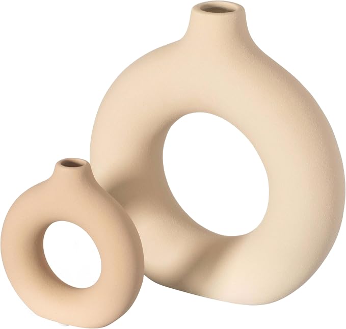 9-Inch Large and 5-Inch Small Decorative Hollow Ceramic Donut Table Vase - Handmade, Minimalist Boho Style for Modern Home Decor in Living Room, Home Office, Dining Room and Entryway Console Table by Uniquewise