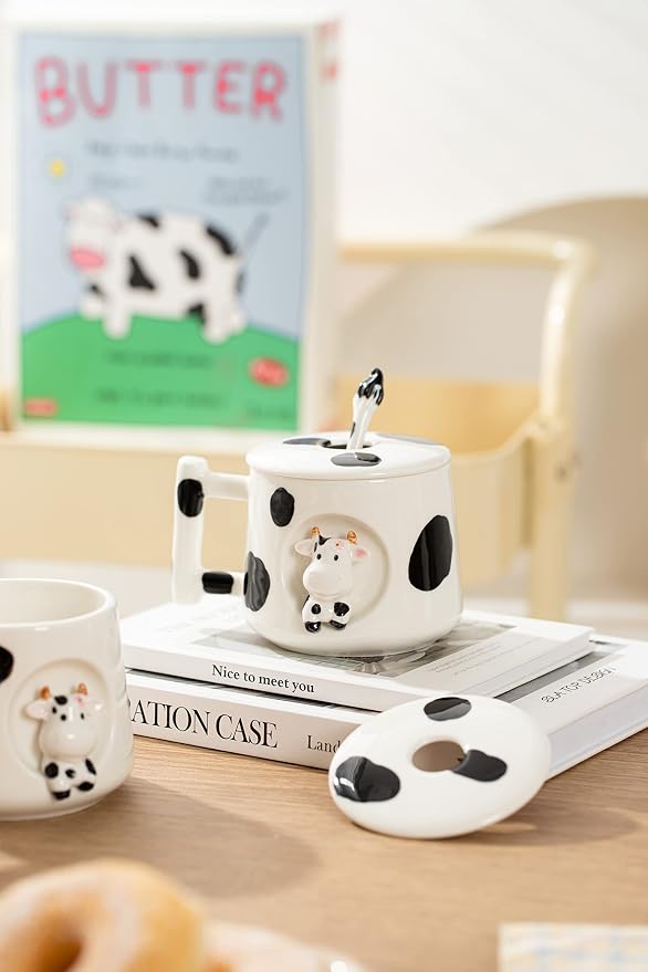 DIHOclub Adorable 3D Ceramic Cow Mug with Lid and Spoon - Perfect for Coffee, Tea, Milk, and More - Ideal Gift for Animal Lovers Gift for Mather- 14 Ounces(BLack white) - Image 7
