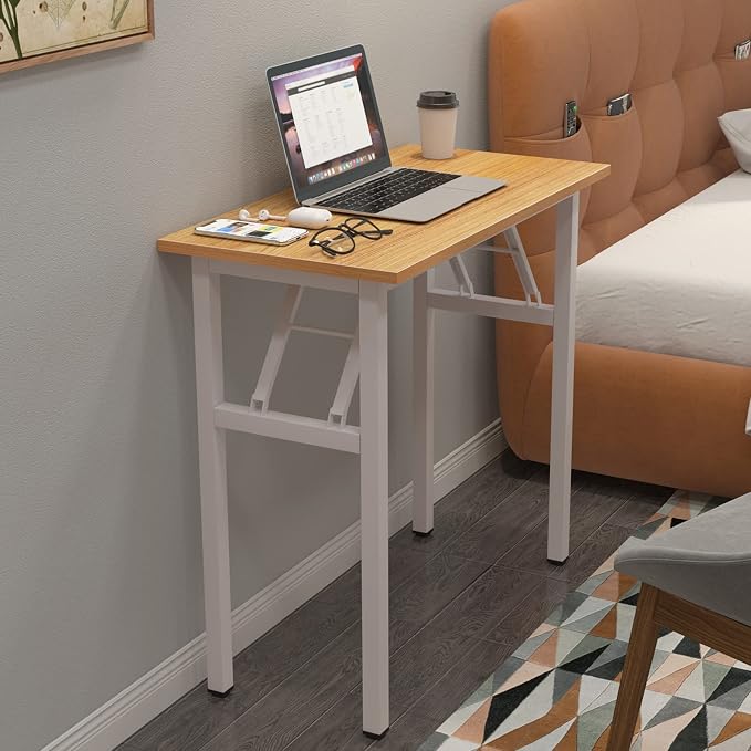 DlandHome 31.5 Inch Small Folding Computer Desk for Home Office, Teak White | Foldable Writing Table for Small Spaces Bedroom, No Assembly Required, Wood Top Metal Frame, Collapsible Compact Easy Storage - Image 8