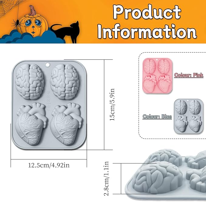 2 Pack 3D Human Brain Heart Silicone Molds, MaehSab Realistic Halloween Organ Shapes Molds for Chocolate, Pudding, Dessert, Jelly, Handmade Soap, Candle, Cake, Resin Craft Supplies