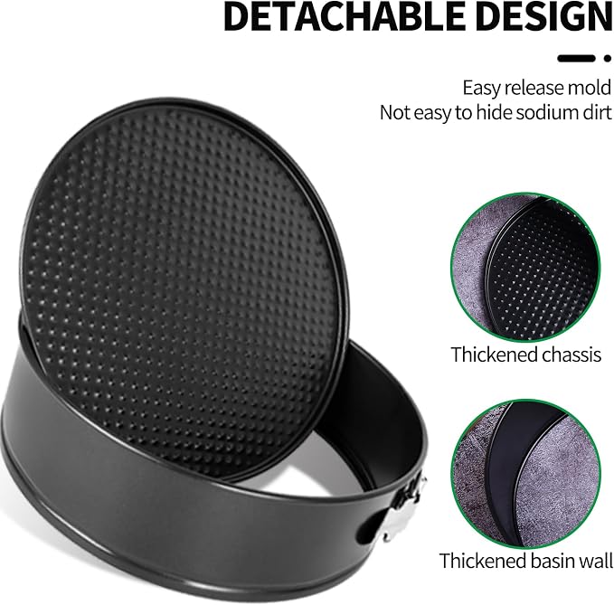 Springform Cheesecake Pan Set, 4/7/9 Inch, Removable Bottoms | 3 nonstick carbon steel pans with spring locks, removable bottoms, 50 liners, silicone spatula and pastry brush for baking - Image 6
