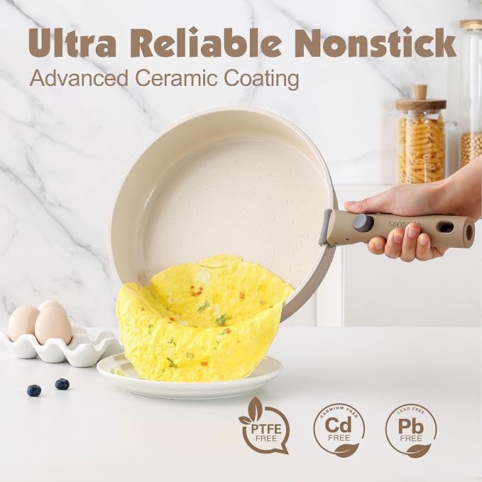 SENSARTE 24 Piece Ceramic Detachable Handle Pots and Pans Set Almond Beige | Ceramic Cookware Set, Induction Cookware Set with Removable Handle, Healthy Non Stick for RV, Dishwasher ＆ Oven Safe - Image 4