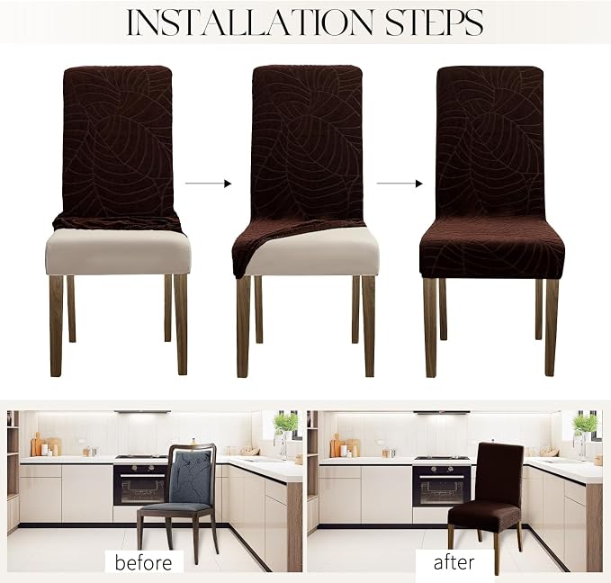 MOSAYT 100% Waterproof Dining Room Chair Covers Set of 6, Super Fit Stretch Jacquard Parson Chairs Slipcovers Removable Washable Chair Seat Protectors for Home, Kitchen, Banquet (Chocolate) - Image 5