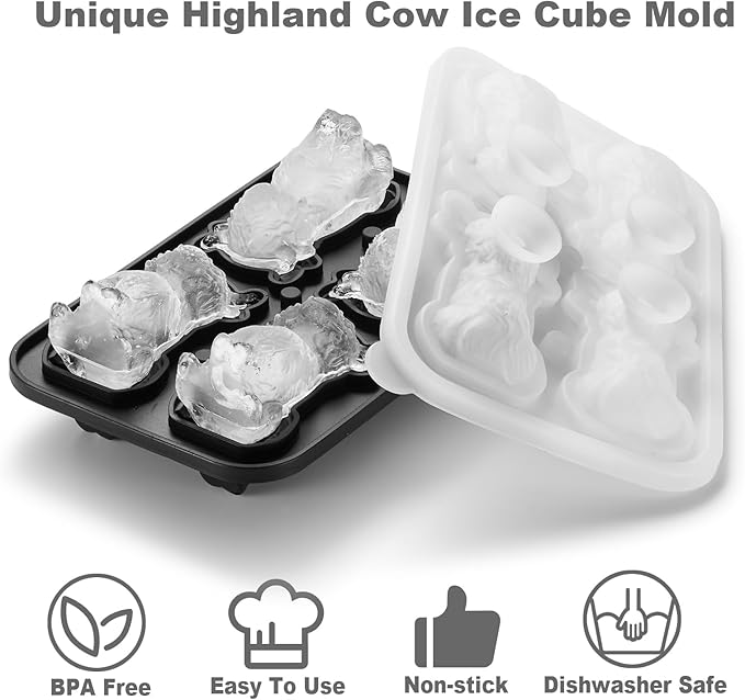 3D Highland Cow Ice Cube Tray Fun Shapes, Novelty Highland Cow Gifts, Holiday Stocking Stuffers for Men Women, Cute Highland Cattle Ice Mold for Whiskey,Cocktail,Bourbon