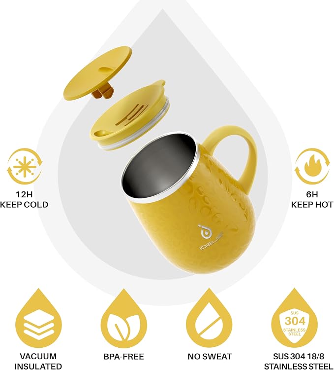 Ideus 16 oz Insulated Coffee Mug with Handle and Lid, Double Wall Stainless Steel Vacuum Thermal Coffee Mug, Travel Coffee Cup Thermal Cup for Home and Office, Leopard Yellow - Image 2