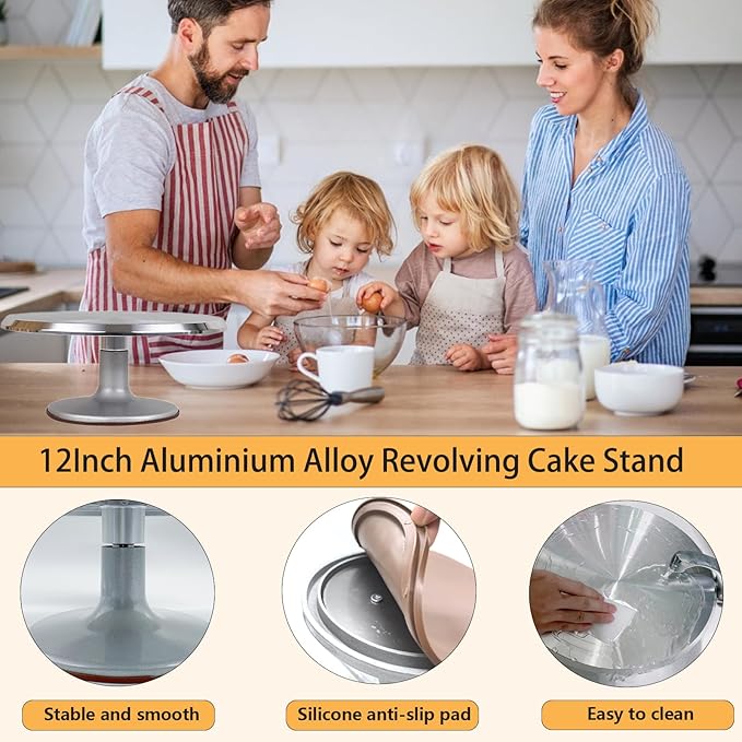 12 Inch Aluminium Alloy Revolving Cake Stand, Cake Turntable with Non-Slipping Silicone Bottom, Rotation Smooth Rotating Cake Stand for Cupcake Pastries and Cake Decorations Supply