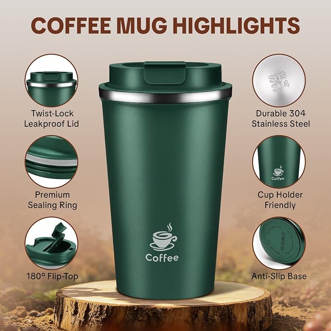 17oz Travel Coffee Mug ,Leakproof Vacuum Coffee Cup Insulated Tumbler | 304 Stainless Steel, Double-Wall Vacuum Insulated, Leakproof, Fits Hot & Cold Drinks Car Cup Holders, Travel, Office - Image 3