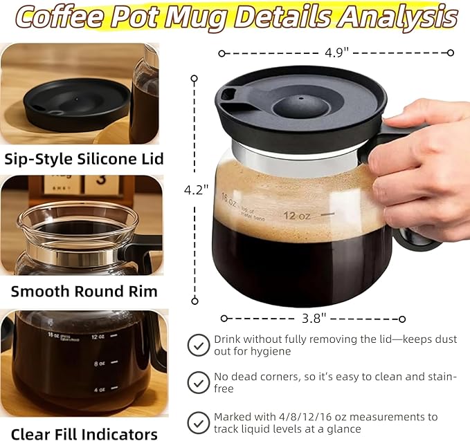 Coffee Pot Mug, 16oz Glass Novelty Coffee Cup with Leak-Proof Lid, Ideal Gift for Coffee Lovers, Mini Tea Pot Design for Home & Office Use