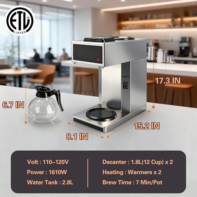 VONCI 1610W Commercial Coffee Maker, 12 Cup Drip Coffee Machine, 2 Glass Carafes and 2 Warmers, Stainless Steel Housing & Funnel, Industrial Coffee Maker for Offices, Hotels, Home - Image 4