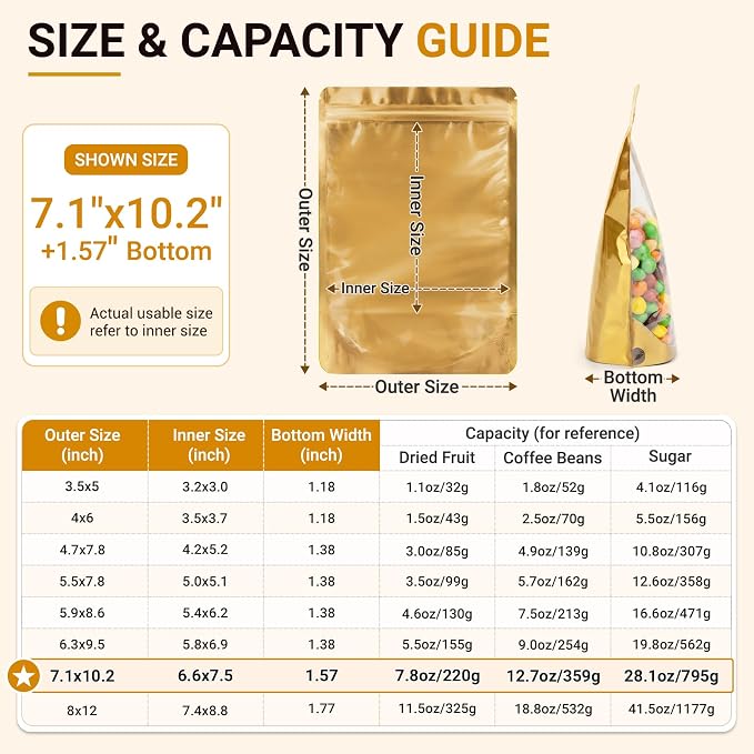 ANZNKU 100PCS Mylar Bags Resealable Large Smell Proof Bags(Gold, 7.1x10.2) | Stand Up Foil Pouches Clear Window, Sealable Bags for Small Business Packaging Snack Party Favors Candy Treats Food Storage - Image 2