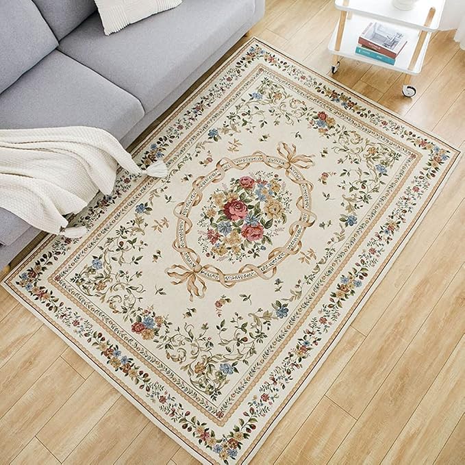 Non-Shedding Living Room Bedroom Accent Rug Rustic Floral Cotton Area Rugs Carpet, 5′3″ × 7′6″, Euro Romance - Image 3