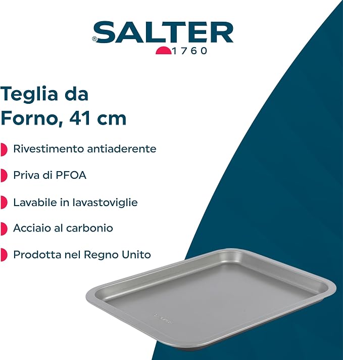 Salter Essentials 41 cm Baking Tray – Non-Stick Coating, Rectangular Oven Sheet, Dishwasher Safe, Easy to Clean, Made in The UK, Durable Chip/Cookie Tray, Lightweight, PFOA-Free, BW13667 | Carbon Steel Construction, PFOA-Free Coating, Dishwasher Safe, ... - Image 2
