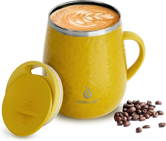 Ideus 16 oz Insulated Coffee Mug with Handle and Lid, Double Wall Stainless Steel Vacuum Thermal Coffee Mug, Travel Coffee Cup Thermal Cup for Home and Office, Leopard Yellow by IDEUS