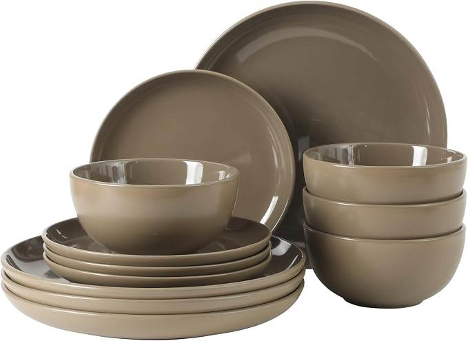 Gibson Home Rockaway 12 Piece Plates and Bowls Matte Outside/Shiny Inside Glaze Service for 4 Dinnerware Set - Brown - Dishwasher and Microwave Safe by GibsonHomewares