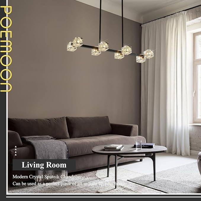 Black Gold Crystal Chandelier Modern 8-Light Sputnik Ceiling Pendant Lights L 31.5" Industrial Adjustable Hanging Light Fixture for Dining Room Kitchen Island Living Room Bar Over Table - Image 8