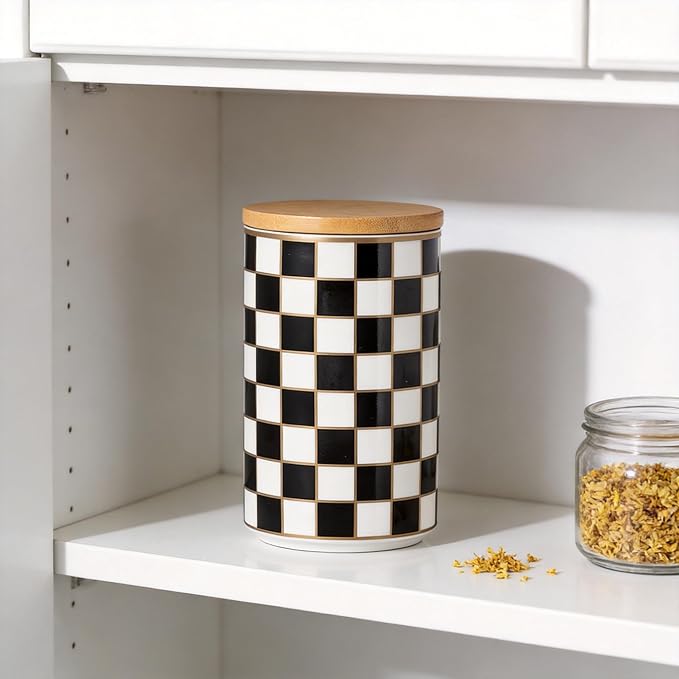 Kitchen Countertop Ceramic Checkered Canisters,Black And White Food Storage Containers With Lid,Airtight Kitchen Canisters for Flour, Sugar, Coffee, Tea, and Dry Goods (Black, Large) - Image 4