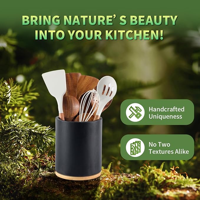 Black Utensil Holder, 360° Rotating 7.3 in Kitchen Organizer | Rustic farmhouse countertop decor. 360° rotating base holds spatulas, ladles, tongs, and cooking tools. Sleek black finish - Image 7