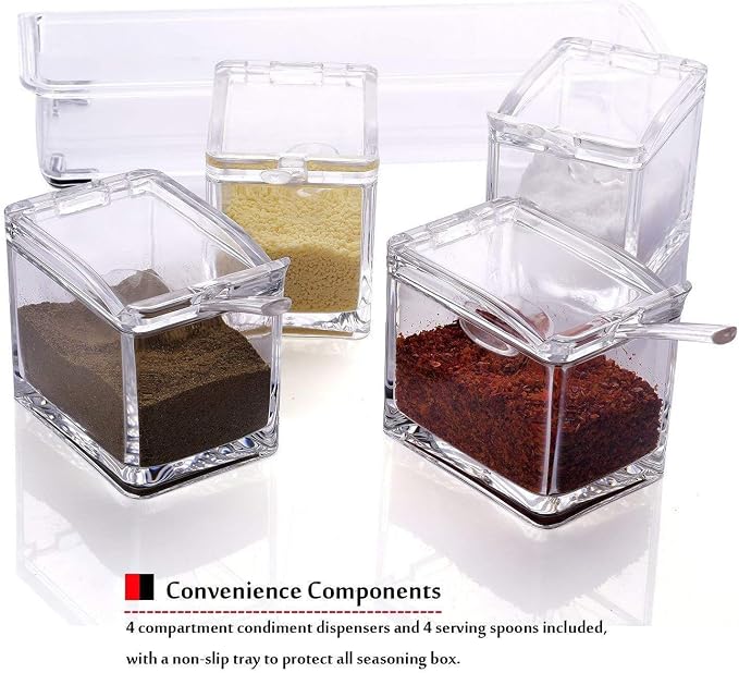 Clear Seasoning Rack Spice Pots by AIQI - 4 Piece Acrylic Seasoning Box - Storage Container Condiment Jars - Cruet with Cover and Spoon - Image 2