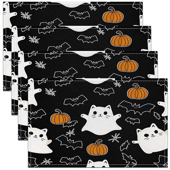 Feelyou Happy Halloween Placemats Set of 4 Cute Ghost Cat Table Mats Orange and Black Place Mat for Kitchen Dining Table Party Decor Indoor Outdoor 18"x12" Non-Slip Easy to Clean Pumpkin Lantern Bats by Feelyou