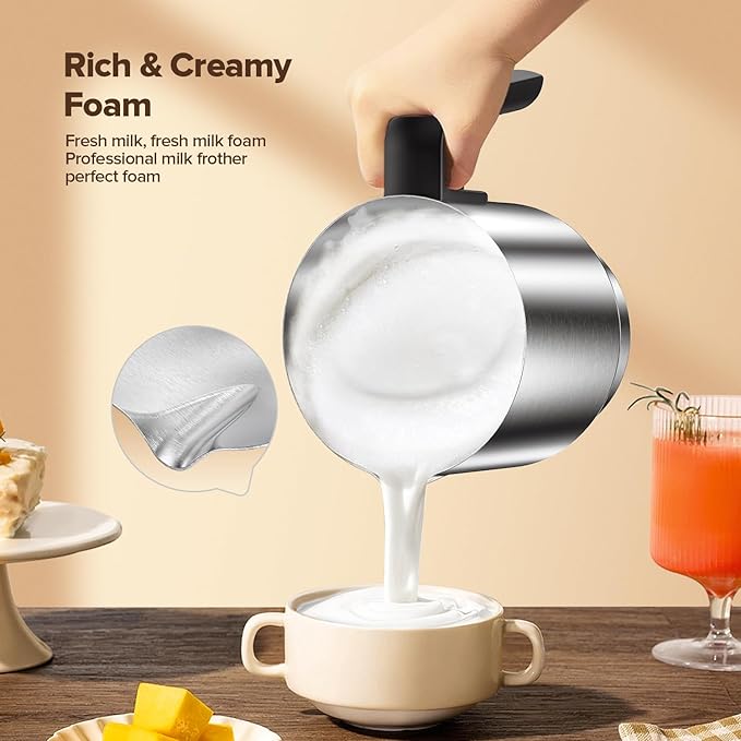 Milk Frother and Steamer, Electric Frother for Coffee with 304 Stainless Steel Jug, One-Click Operation, 17.6oz and Visual Lid