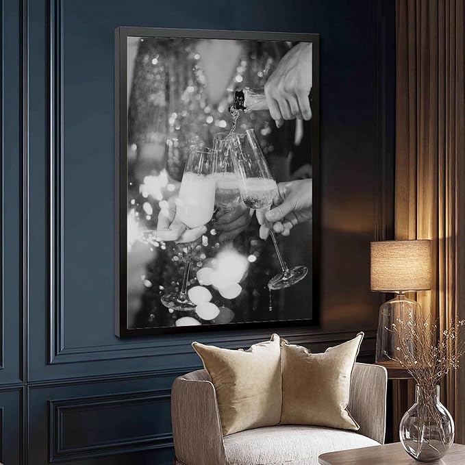 UXCBIA Pouring Champagne, Black And White, Cheers Poster, Bar Cart, Party, Celebration, Decor, Bar Wall Canvas Poster Wall Art Decor Print Picture Paintings for Living Room Bedroom Decoration Black F - Image 3