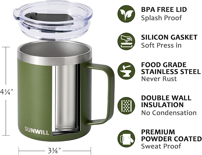 SUNWILL Travel Coffee Mug with Lid, Insulated Tumbler with Handle, 14 oz Stainless Steel Cup for Camping, Office, Home, Powder Coated Olive - Image 2