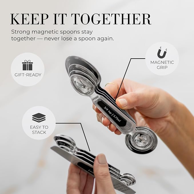 Styled Settings Stainless Steel Magnetic Measuring Spoons Set, 8-Piece | BPA-free, Stackable, Double Sided Measuring Spoons with Leveler for Dry and Liquid Ingredient - Fits in Spice Jars - Image 2